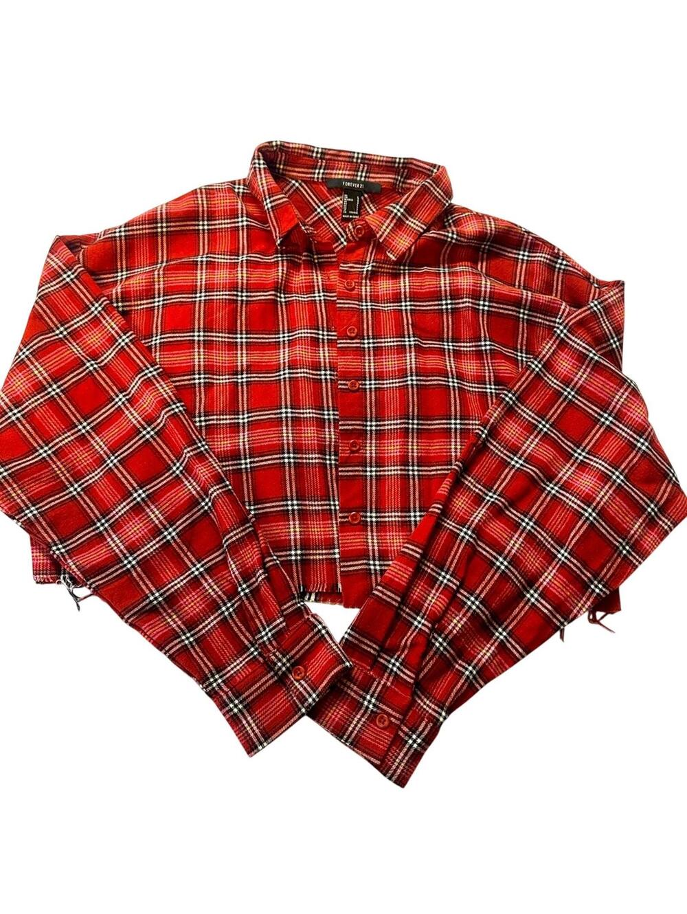 Forever 21 Red Plaid Women's Cropped Flannel Shirt Size Large